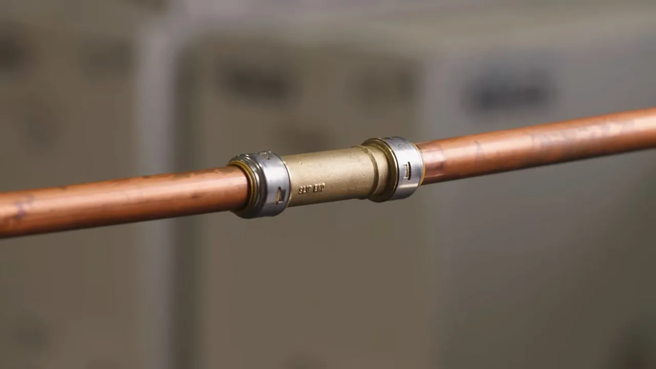 Copper pipe joined mid-run by a brass push coupling, with a blurred wall behind it.