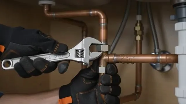 Gloved hands using an adjustable wrench on a copper supply fitting under a sink.