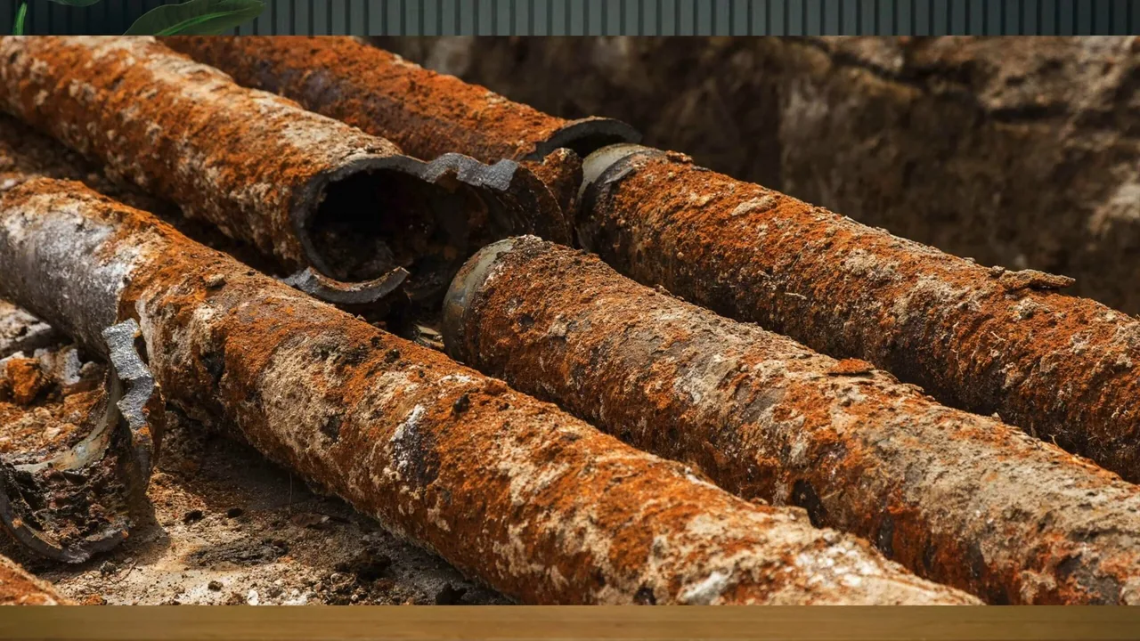 Several lengths of heavily rusted cast iron pipe lying side by side in a dug pit.