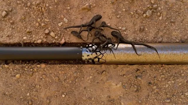 Illustrated view of tree roots spreading from a joint in a pipe laid on bare soil.