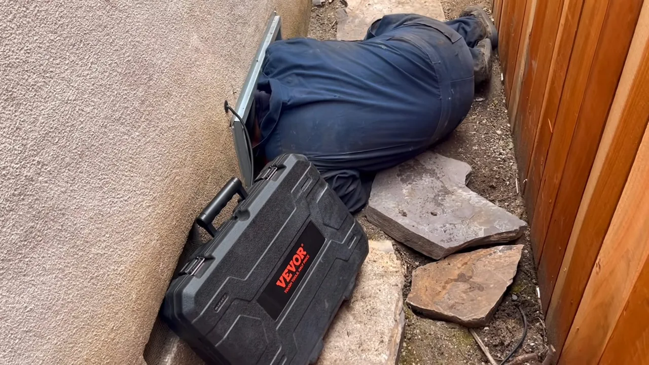 Plumber lying on his side beside a stucco house wall with a black tool case on the ground.