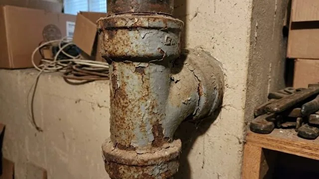 Rusted cast iron drain tee with a flaking surface, mounted against a wall.