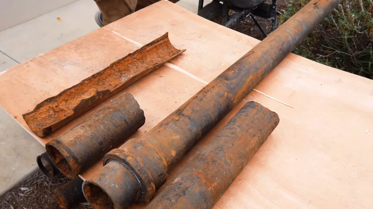 Four rusted cast iron pipe sections, one split open lengthwise, lying on a sheet of plywood.