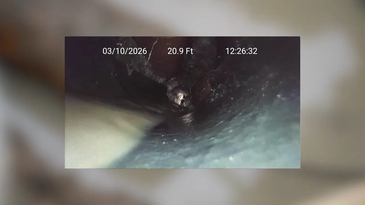 Camera screen showing a dark pipe interior with a date, a distance reading of 20.9 feet and a time stamp.