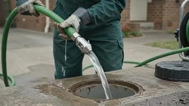 Technician in green coveralls feeding a jetting hose and nozzle into an access cover, with water spraying out.