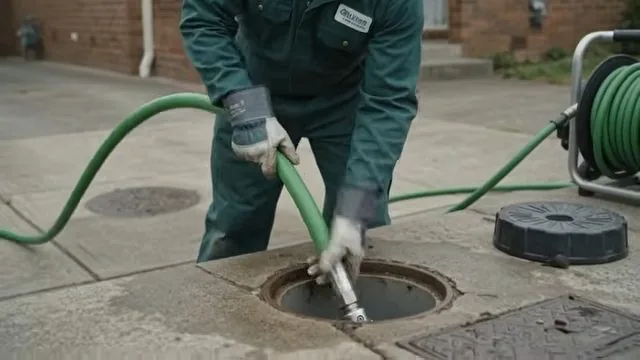 Technician in green coveralls guiding a jetting hose into a round cleanout cover in paving, with a hose reel behind.