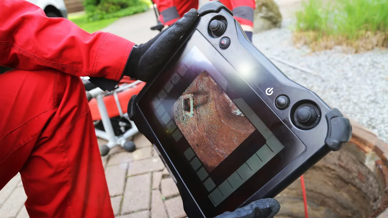 Technician in a red jacket holding a handheld camera monitor beside an open cleanout.