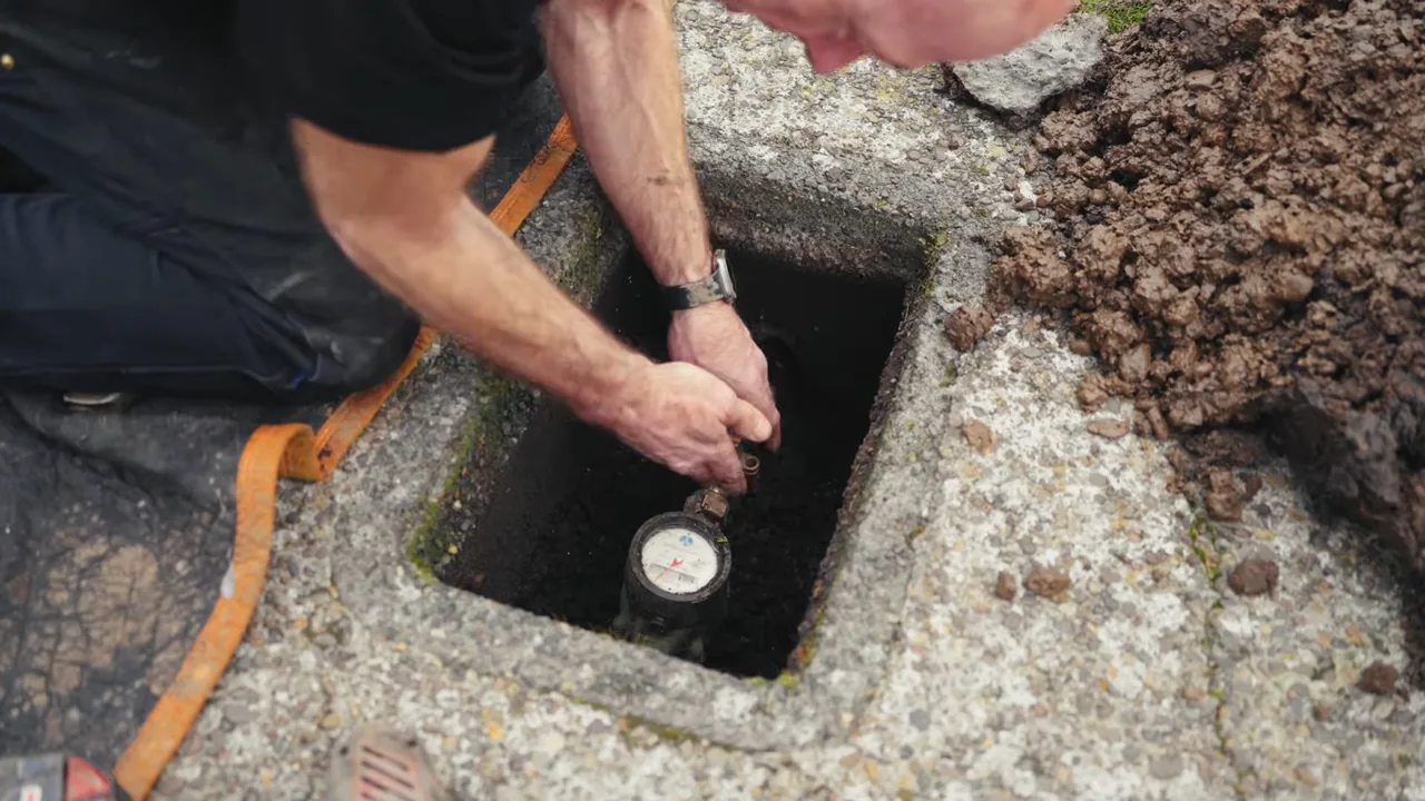 Technician kneeling at an open meter box set into paving, reaching down to the meter and valve.