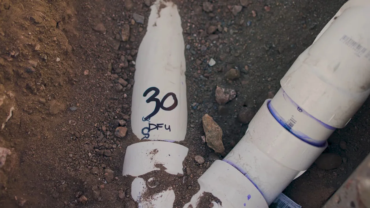 White PVC drain pipe marked by hand with a 30 and DFU, joined to fittings in bare soil.
