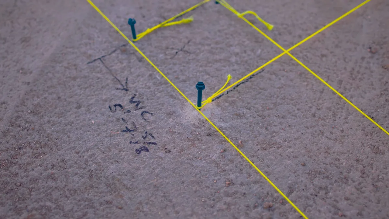Floor surface laid out with yellow string lines and pins beside handwritten marks.